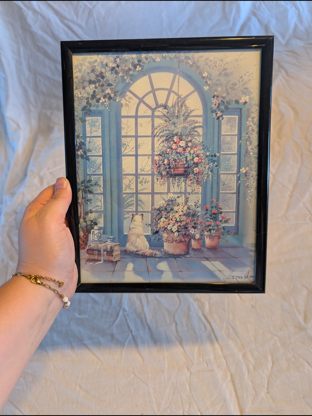 2/30$ Vintage Blue & White Floral Cat Window Scene Wall Art